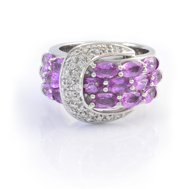 14K White Gold Pink Sapphire and Diamond Buckle Ring - Howard's DC